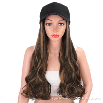 Synthetic wigs for black Women Long highlight Brown hair Baseball Hats Extensions body wave hair Wig